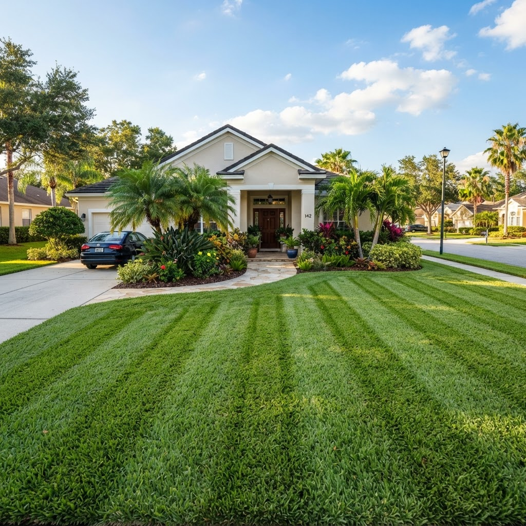 Freshly mowed Port Orange lawn with clean mowing stripes